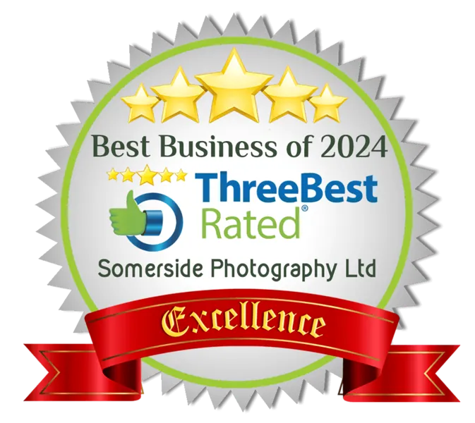 A gold and green badge naming Somerside Photography Ltd a “ThreeBest Rated Best Business of 2024,” with five stars and a red ribbon labelled “Excellence.”. Copyright Somerside Photography Ltd // www.somersidephotography.com