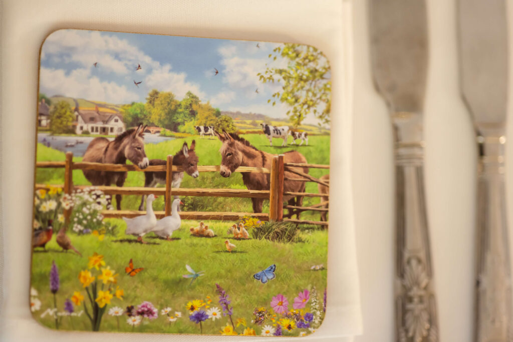 A coaster features an illustration of donkeys, cows, geese, and ducklings in a grassy field with wildflowers, butterflies, and a farmhouse in the background. Copyright Somerside Photography Ltd // www.somersidephotography.com